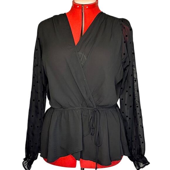 Papermoon Women's 2X Nina Surplice Romantic Black Mesh Swiss Dot Sl… NWT - Picture 1 of 7
